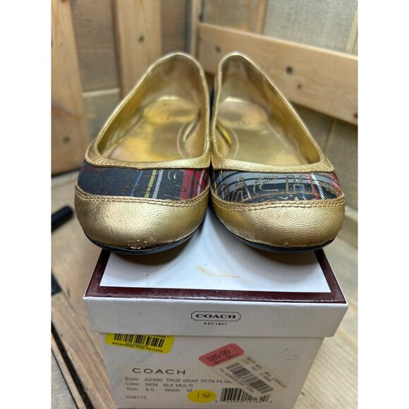US6 COACH Tartan Plaid Gold Metallic True Graffiti Flats Slip On - Picture 3 of 7
